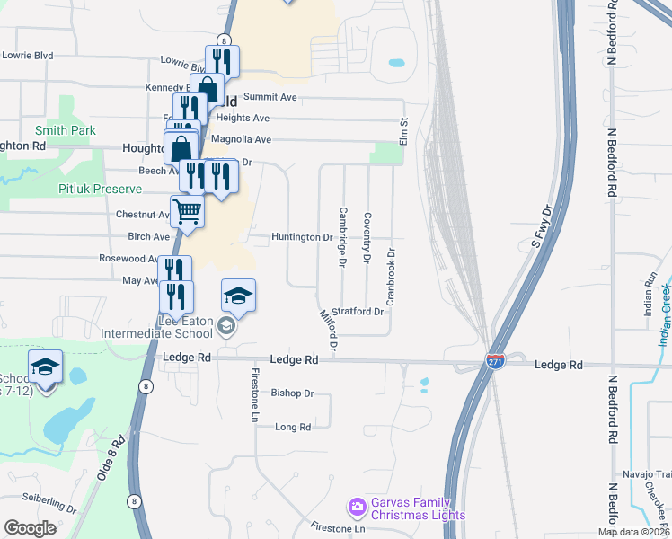 map of restaurants, bars, coffee shops, grocery stores, and more near 8992 Cambridge Drive in Northfield