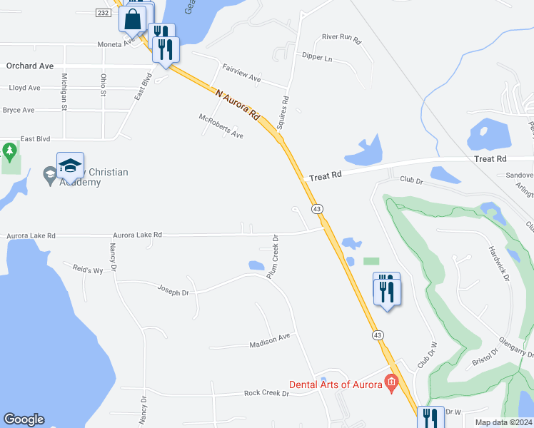 map of restaurants, bars, coffee shops, grocery stores, and more near 720 Aurora Lake Road in Aurora