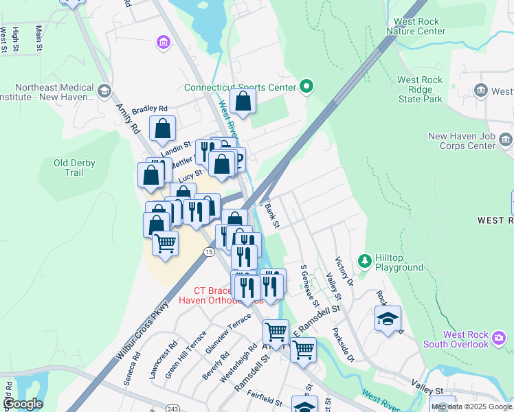 map of restaurants, bars, coffee shops, grocery stores, and more near 15 Pond Lily Ave in New Haven