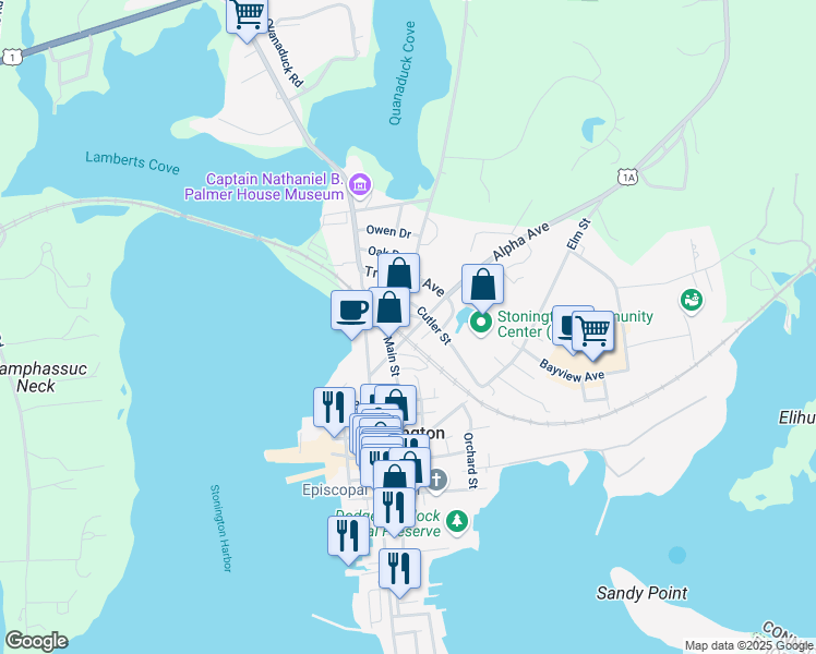 map of restaurants, bars, coffee shops, grocery stores, and more near 107 Main Street in Stonington
