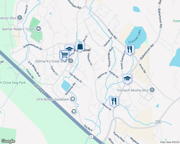 map of restaurants, bars, coffee shops, grocery stores, and more near 20 Fillmore Court in Kiryas Joel