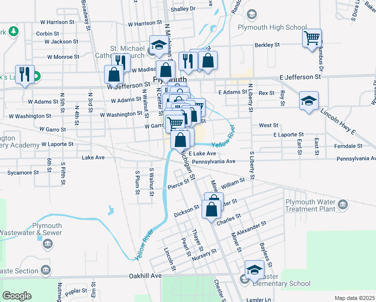 map of restaurants, bars, coffee shops, grocery stores, and more near 200 South Michigan Street in Plymouth