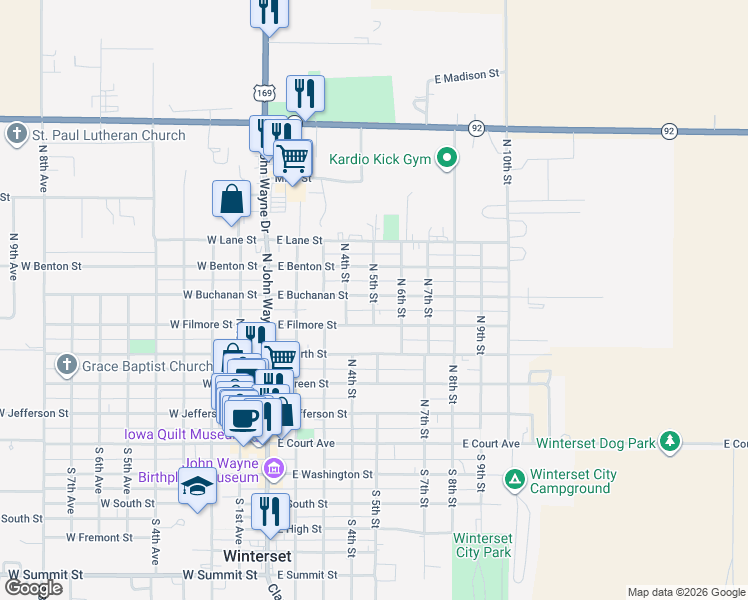 map of restaurants, bars, coffee shops, grocery stores, and more near in Winterset