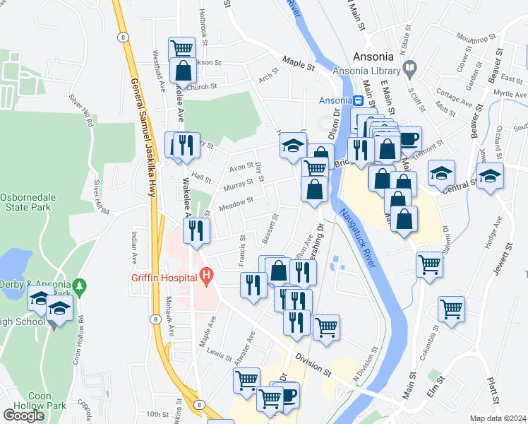map of restaurants, bars, coffee shops, grocery stores, and more near 14 May Street in Ansonia