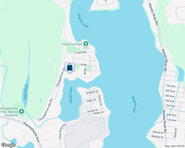 map of restaurants, bars, coffee shops, grocery stores, and more near 16 Center Road in East Lyme