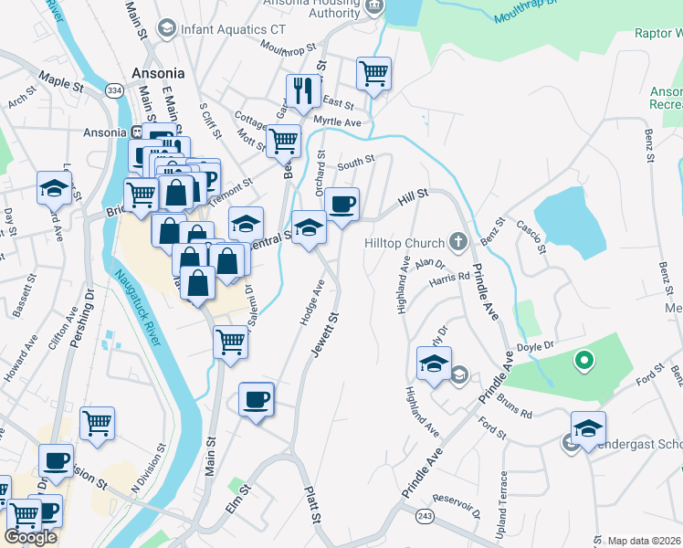 map of restaurants, bars, coffee shops, grocery stores, and more near 186 Hodge Avenue in Ansonia