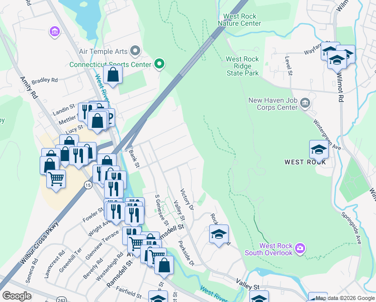 map of restaurants, bars, coffee shops, grocery stores, and more near 141 Mountain Road in New Haven