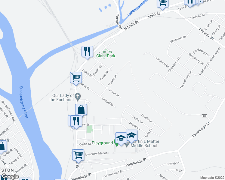 map of restaurants, bars, coffee shops, grocery stores, and more near 124 Chapel St in Pittston
