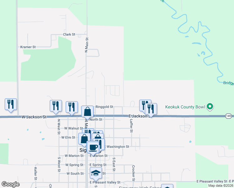 map of restaurants, bars, coffee shops, grocery stores, and more near 600-698 Deer Run Lane in Sigourney