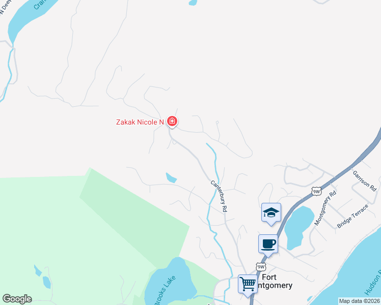map of restaurants, bars, coffee shops, grocery stores, and more near Canterbury Road in Fort Montgomery