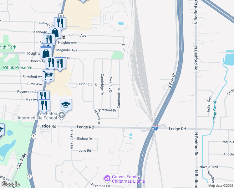 map of restaurants, bars, coffee shops, grocery stores, and more near 9107 Coventry Drive in Northfield