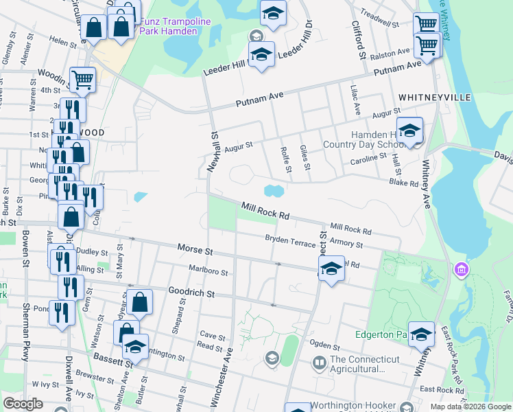 map of restaurants, bars, coffee shops, grocery stores, and more near 1071 Winchester Avenue in Hamden