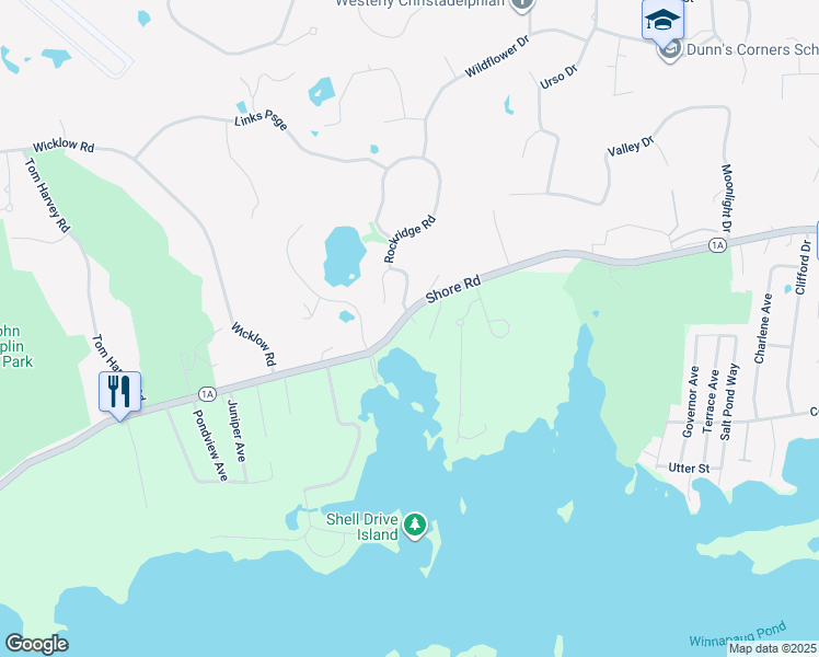 map of restaurants, bars, coffee shops, grocery stores, and more near 223 Shore Road in Westerly