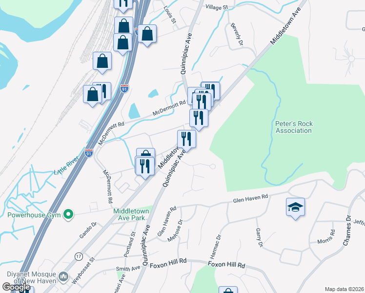 map of restaurants, bars, coffee shops, grocery stores, and more near 45 Quinnipiac Avenue in North Haven
