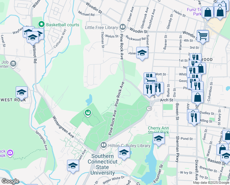 map of restaurants, bars, coffee shops, grocery stores, and more near 155 Pine Rock Avenue in Hamden