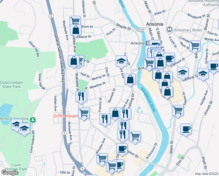 map of restaurants, bars, coffee shops, grocery stores, and more near 68 Rufus Street in Ansonia