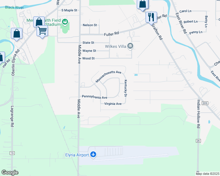 map of restaurants, bars, coffee shops, grocery stores, and more near 152 Pennsylvania Avenue in Elyria