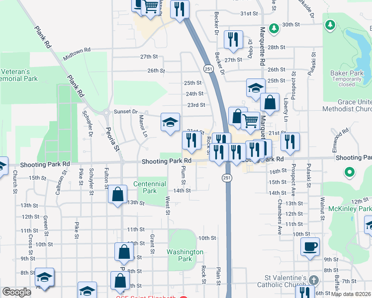 map of restaurants, bars, coffee shops, grocery stores, and more near 1930 Plum Street in Peru