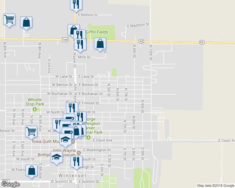 map of restaurants, bars, coffee shops, grocery stores, and more near 598 East Buchanan Street in Winterset