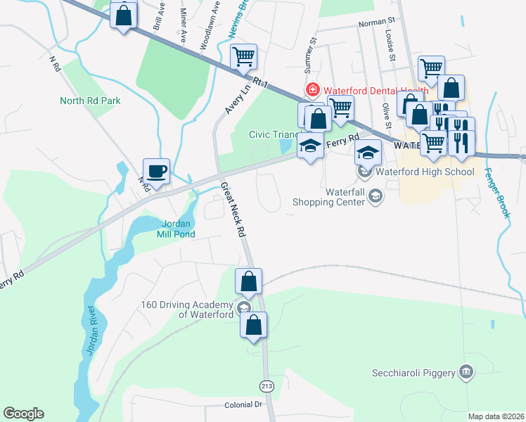 map of restaurants, bars, coffee shops, grocery stores, and more near 10-20 Great Neck Road in Waterford