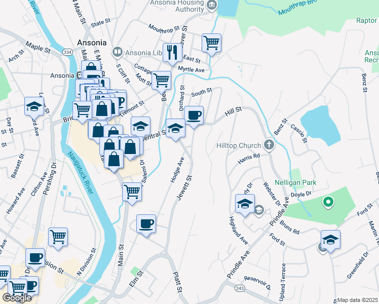 map of restaurants, bars, coffee shops, grocery stores, and more near 5 North Spring Street in Ansonia