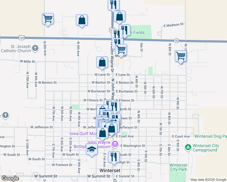 map of restaurants, bars, coffee shops, grocery stores, and more near 605 John Wayne Drive in Winterset