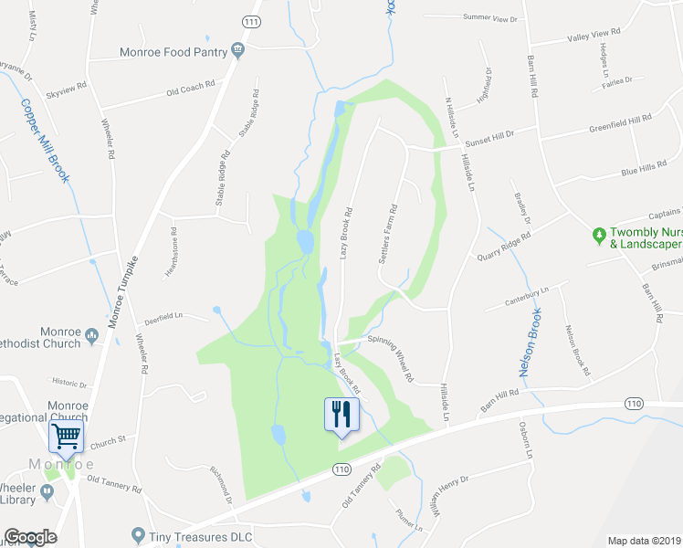 map of restaurants, bars, coffee shops, grocery stores, and more near 73 Lazy Brook Road in Monroe