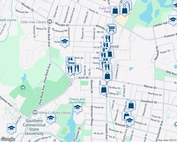 map of restaurants, bars, coffee shops, grocery stores, and more near 51 Burke Street in Hamden