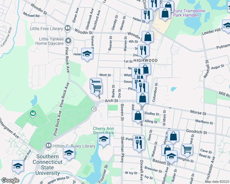 map of restaurants, bars, coffee shops, grocery stores, and more near 51 Burke Street in Hamden
