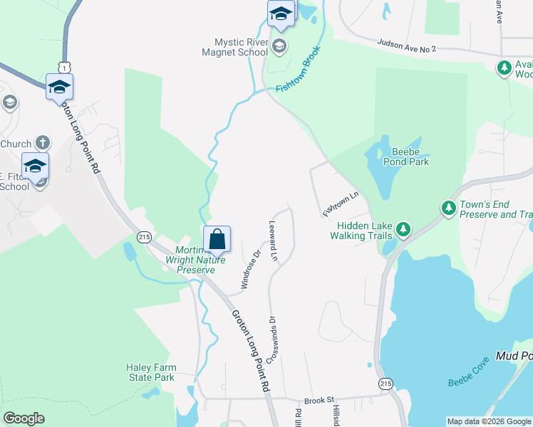 map of restaurants, bars, coffee shops, grocery stores, and more near 41 Leeward Lane in Groton