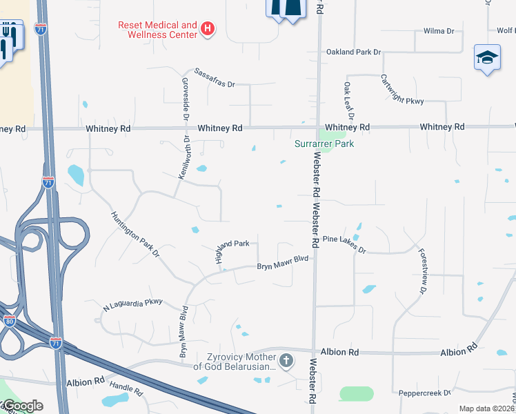 map of restaurants, bars, coffee shops, grocery stores, and more near 9754 Webster Road in Strongsville