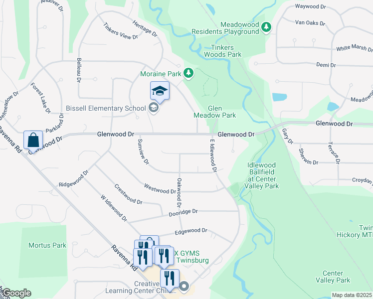 map of restaurants, bars, coffee shops, grocery stores, and more near 1879 Hillsdale Drive in Twinsburg