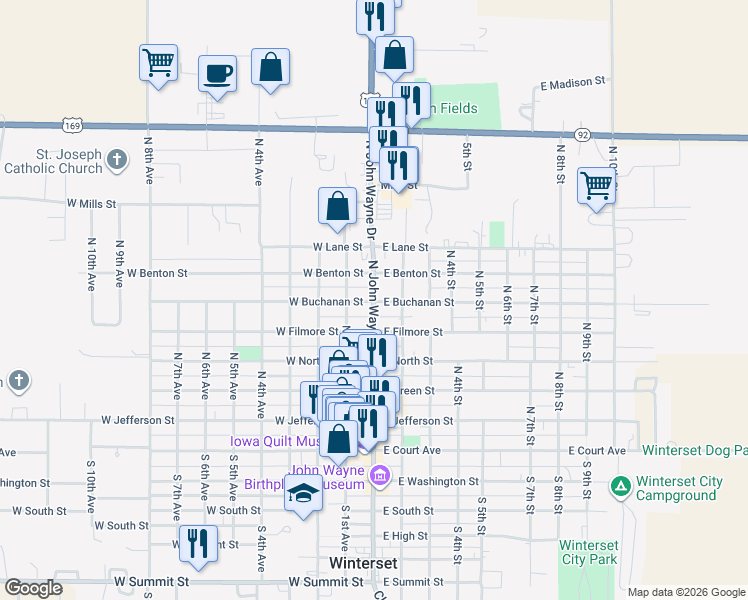 map of restaurants, bars, coffee shops, grocery stores, and more near 605 John Wayne Drive in Winterset