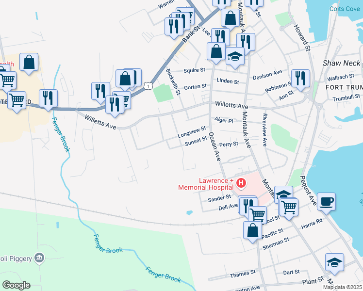 map of restaurants, bars, coffee shops, grocery stores, and more near 54 Viets Street in New London