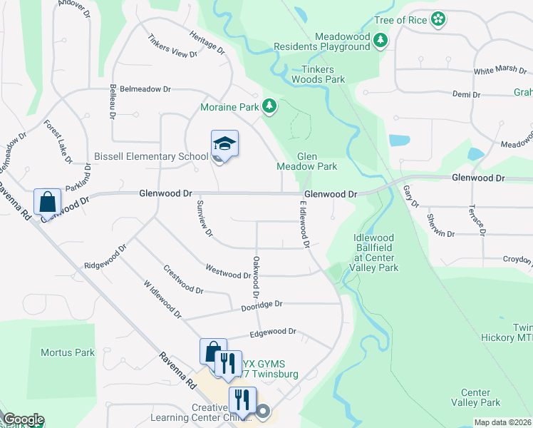 map of restaurants, bars, coffee shops, grocery stores, and more near 1890 Glenwood Drive in Twinsburg