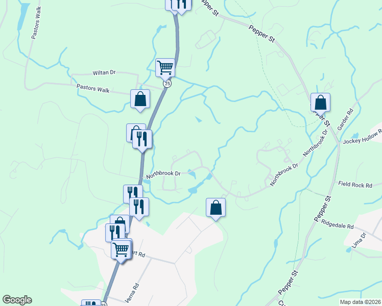 map of restaurants, bars, coffee shops, grocery stores, and more near 3 Shadowwood Circle in Monroe