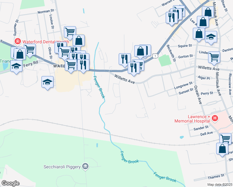 map of restaurants, bars, coffee shops, grocery stores, and more near 384 Willetts Avenue in Waterford