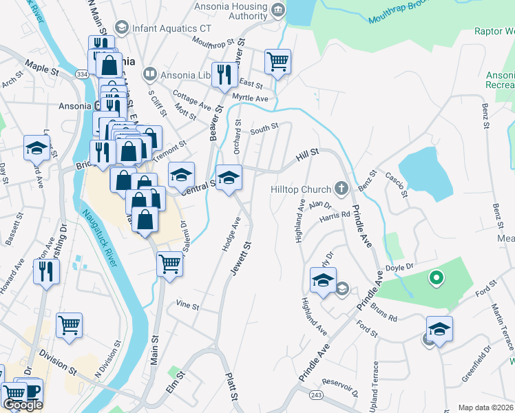 map of restaurants, bars, coffee shops, grocery stores, and more near 10 Berkshire Road in Ansonia