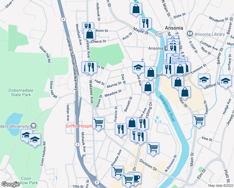 map of restaurants, bars, coffee shops, grocery stores, and more near 29 Meadow Street in Ansonia