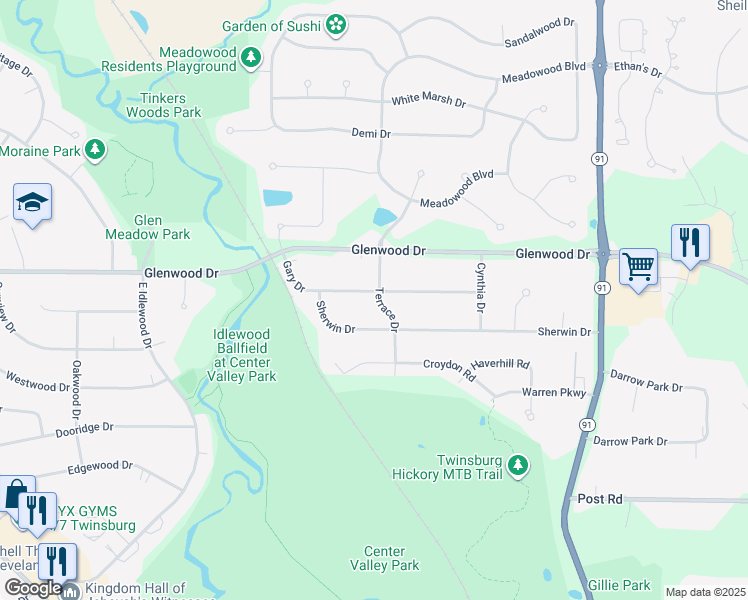 map of restaurants, bars, coffee shops, grocery stores, and more near 2224 Gary Drive in Twinsburg