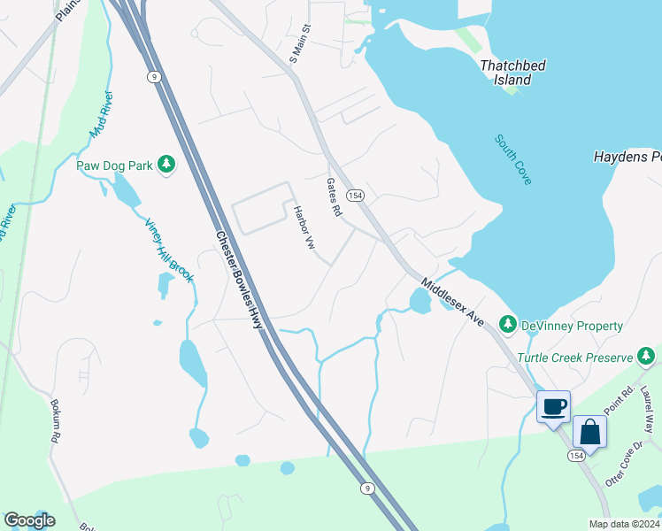 map of restaurants, bars, coffee shops, grocery stores, and more near Harbor View Drive & Cedar Grove Terrace in Essex