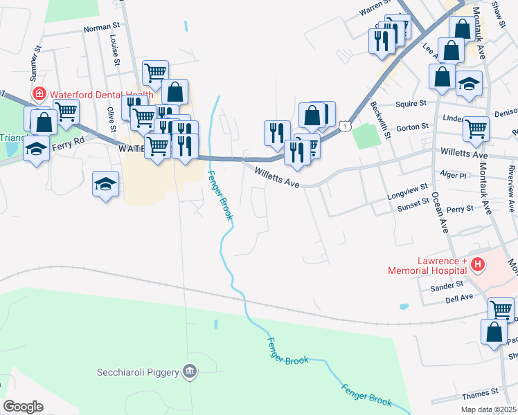 map of restaurants, bars, coffee shops, grocery stores, and more near 384 Willetts Avenue in Waterford