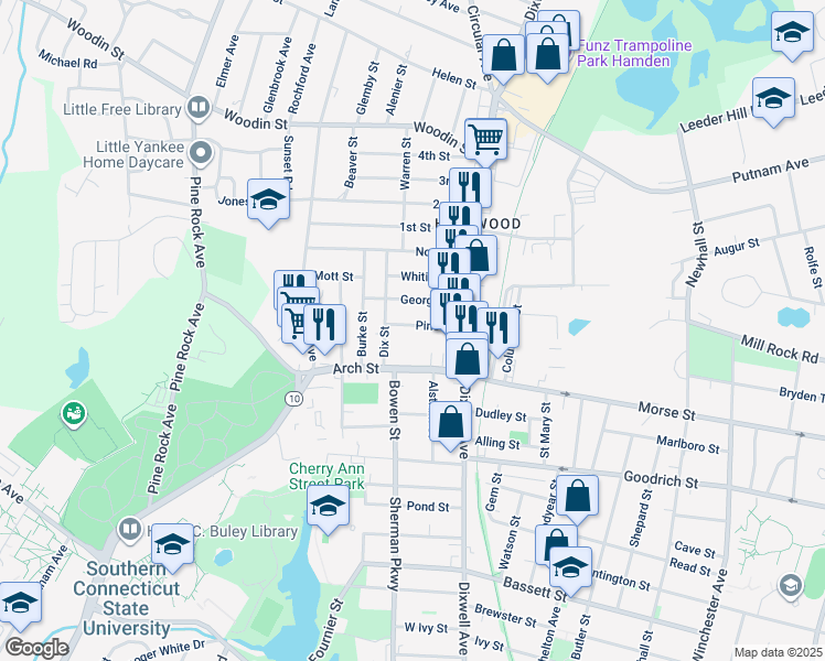 map of restaurants, bars, coffee shops, grocery stores, and more near 59 Pine Street in Hamden