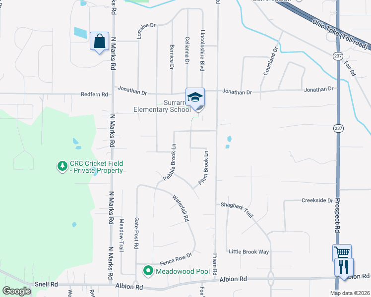 map of restaurants, bars, coffee shops, grocery stores, and more near 9613 Pebble Brook Lane in Strongsville