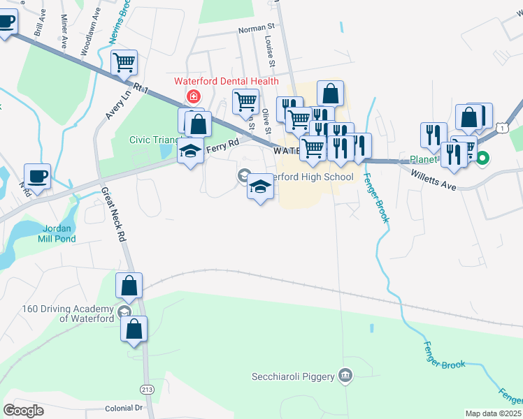 map of restaurants, bars, coffee shops, grocery stores, and more near 20 Rope Ferry Road in Waterford