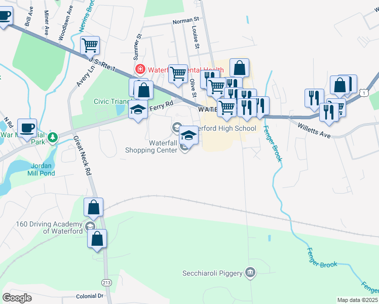 map of restaurants, bars, coffee shops, grocery stores, and more near 20 Rope Ferry Road in Waterford