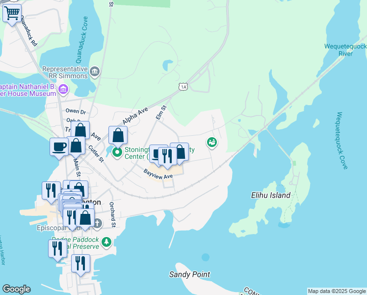 map of restaurants, bars, coffee shops, grocery stores, and more near 21 Meadow Avenue in Stonington
