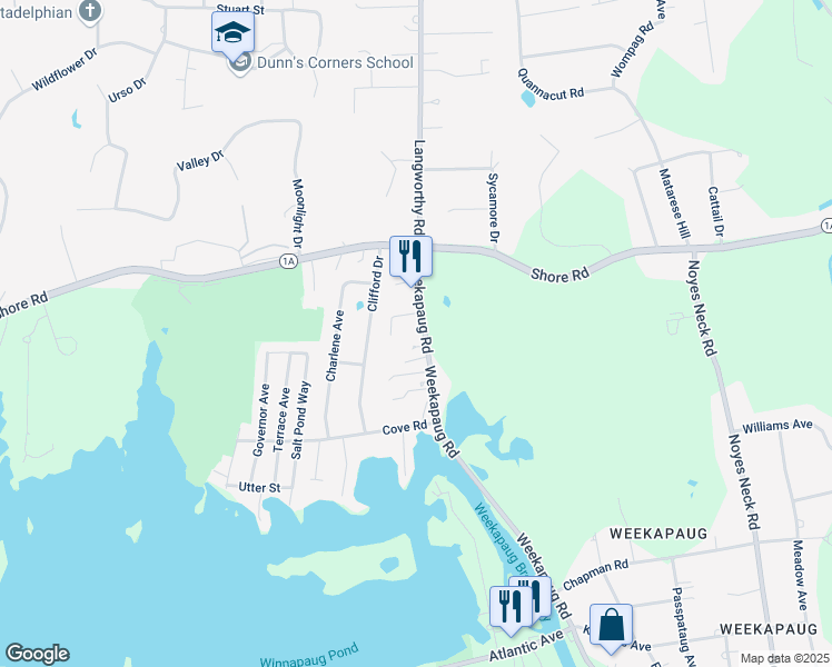 map of restaurants, bars, coffee shops, grocery stores, and more near 6 Frances Avenue in Westerly