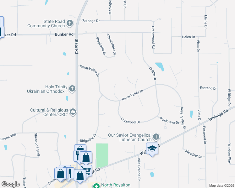 map of restaurants, bars, coffee shops, grocery stores, and more near 4861 Persimmon Lane in North Royalton