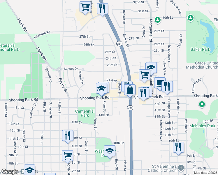 map of restaurants, bars, coffee shops, grocery stores, and more near 2109 Plum Street in Peru